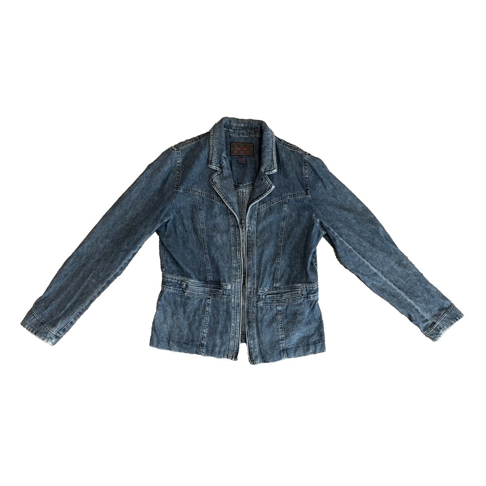 Vintage Ralph Lauren Plaid Label Denim Jacket Women L Dark Wash 90s Zip Flaw